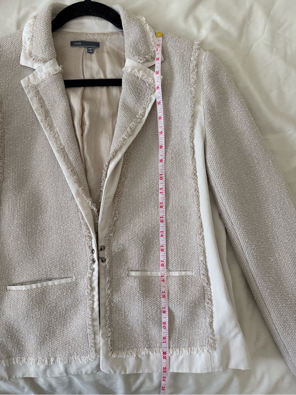 Vince Cream Bouclé Frayed-Edge Blazer Large / Fringed Twill Paneled Tweed Jacket - Picture 6 of 12